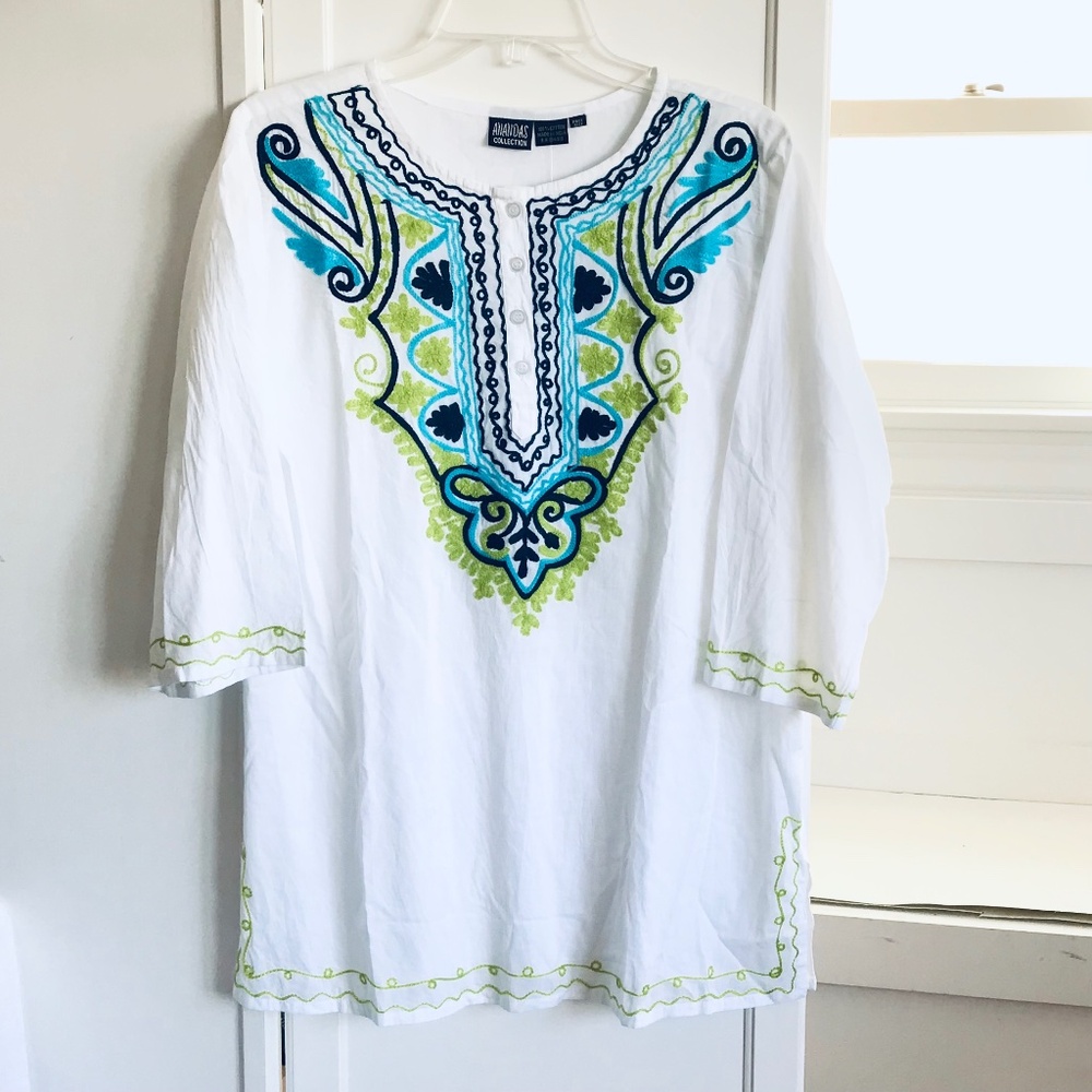 ANANDAS Cotton Boho Tunic Embroidered Top Women’s Size Large NWT